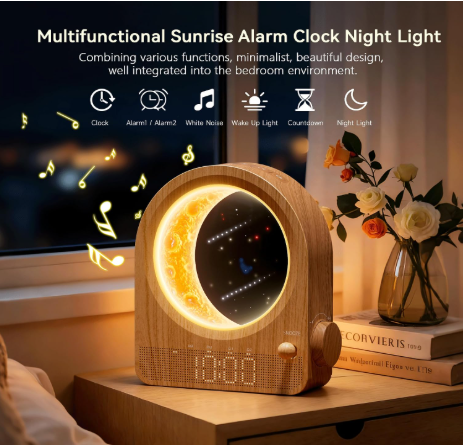 Sunrise Alarm Clock with Dimmable Moon Lamp, Bedside Light & 10 Natural Sounds