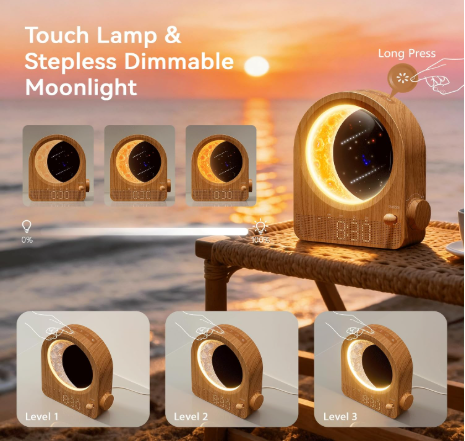 Sunrise Alarm Clock with Dimmable Moon Lamp, Bedside Light & 10 Natural Sounds