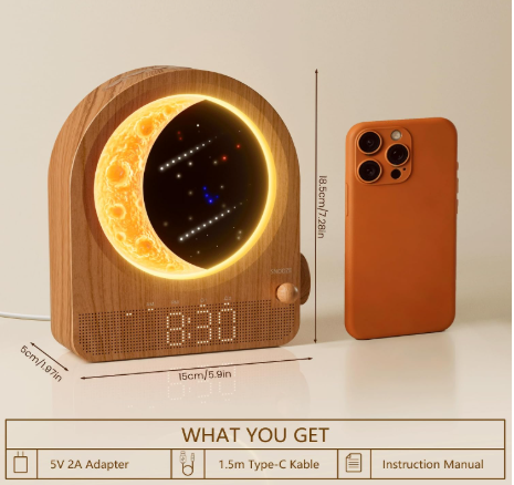 Sunrise Alarm Clock with Dimmable Moon Lamp, Bedside Light & 10 Natural Sounds