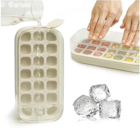 Quick-Fill Ice Cube Tray with Lid & Bin – Press-to-Release No-Touch Ice Cube Maker