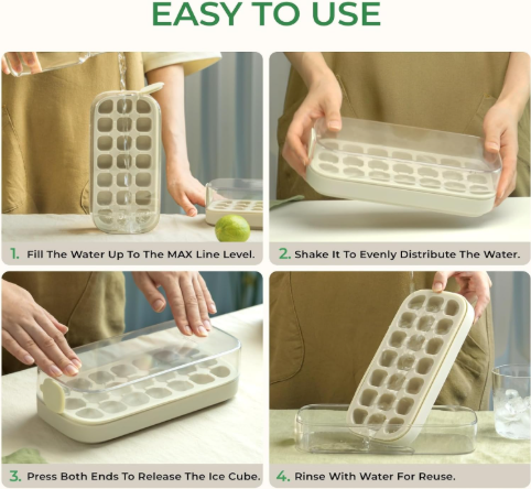 Quick-Fill Ice Cube Tray with Lid & Bin – Press-to-Release No-Touch Ice Cube Maker