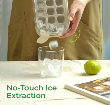 Quick-Fill Ice Cube Tray with Lid & Bin – Press-to-Release No-Touch Ice Cube Maker